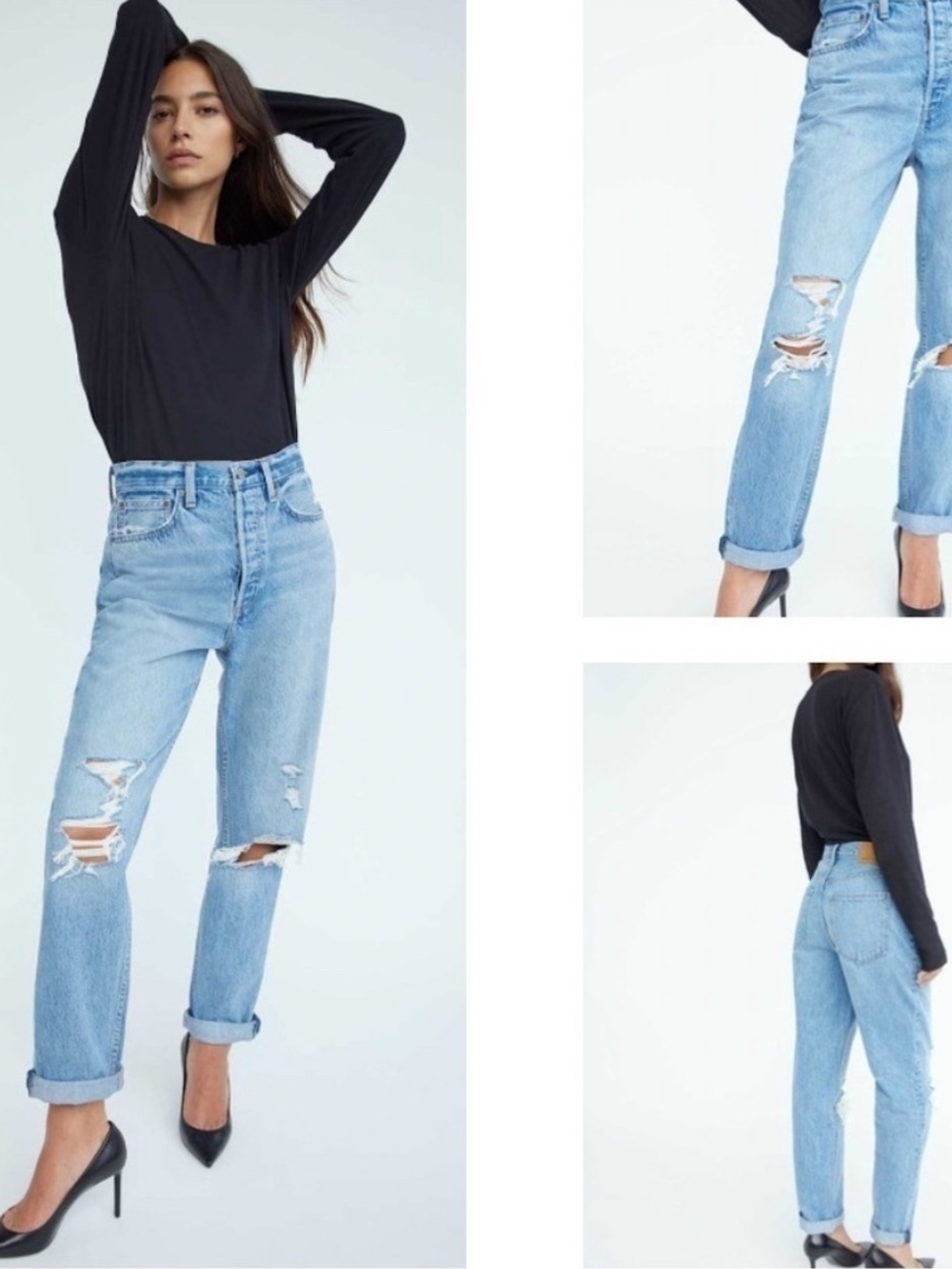 Aritzia Denim Forum BF High Rise Loose Light Blue Distressed Boyfriend Jeans 28